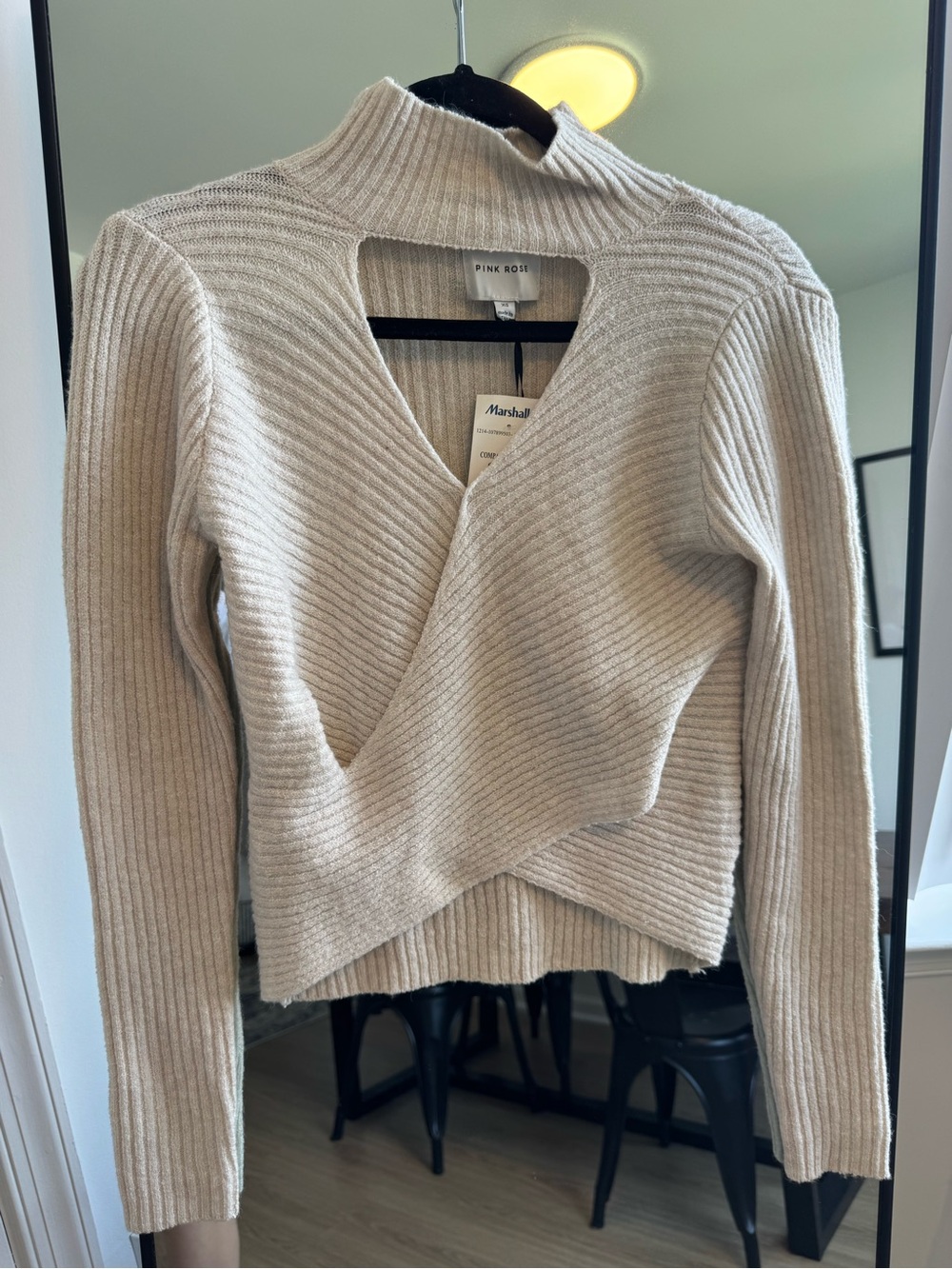 Pink Rose Cream Ribbed Wrap Mock Neck Sweater